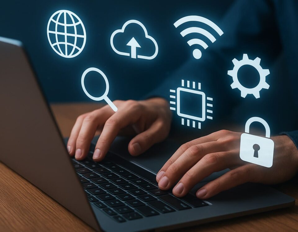 Computador moderno em mesa de madeira com mãos digitando no teclado e ícones digitais flutuando, representando internet, nuvem, segurança, tecnologia e inovação.