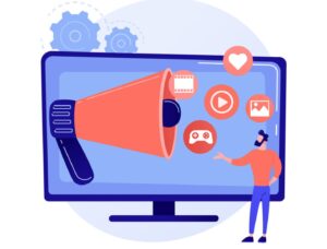 Ilustração de marketing digital com megafone em tela de computador, representando divulgação de conteúdos como vídeo, imagem, jogos e redes sociais.
